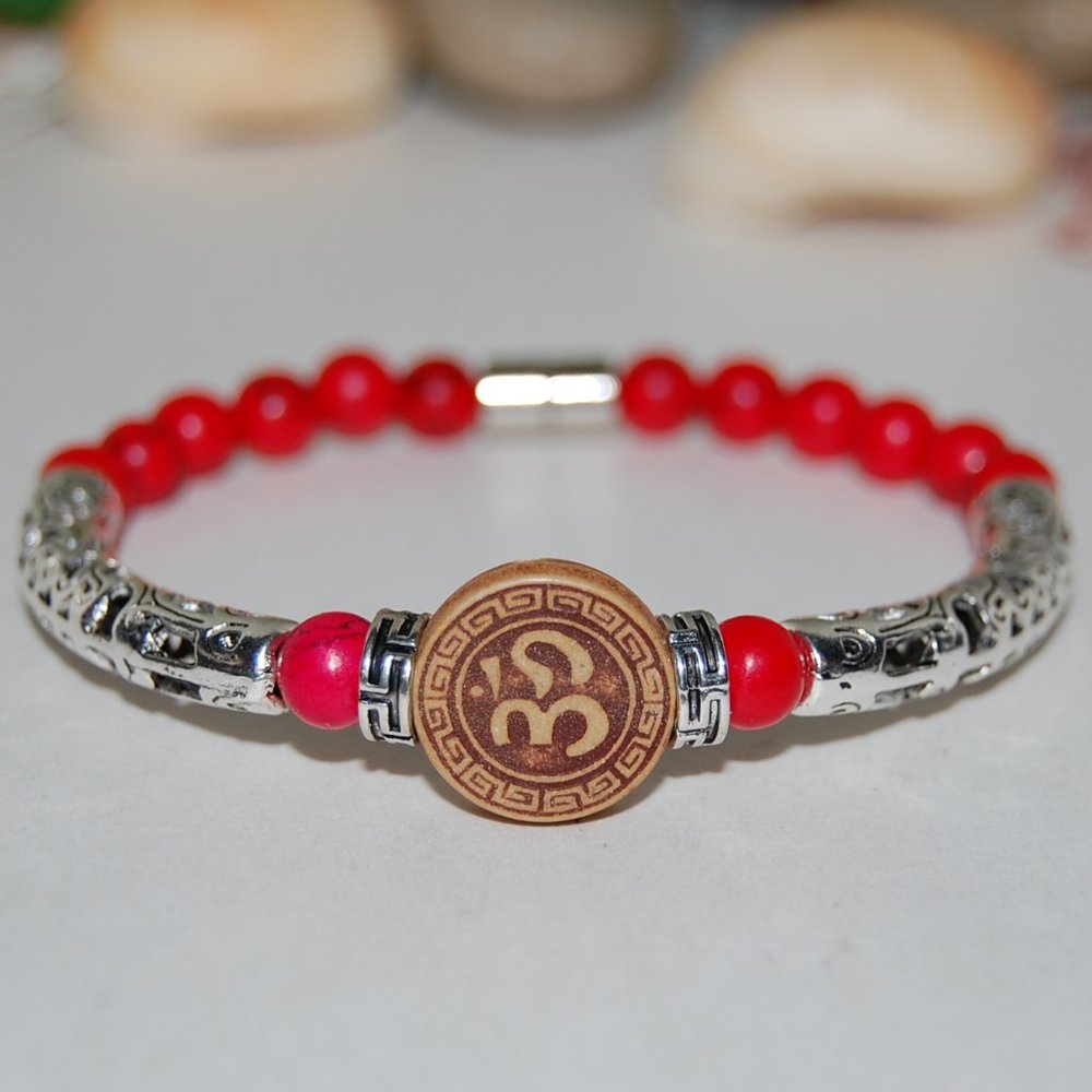 Om Bracelet,Red Howlite Bracelet,Om Red Bracelet,Yoga Bracelet,Magnetic Closure